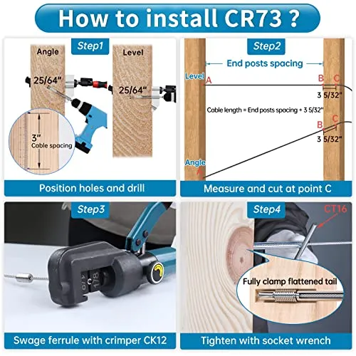 Safespan 40Pack 1/8" Invisible Cable Railing Kit Swage Lag Screw Cable Genie Tensioner T316 Stainless Steel for 4x4 6x6 8x8 Wood Posts Deck Stairs CR73, CV1 CG1